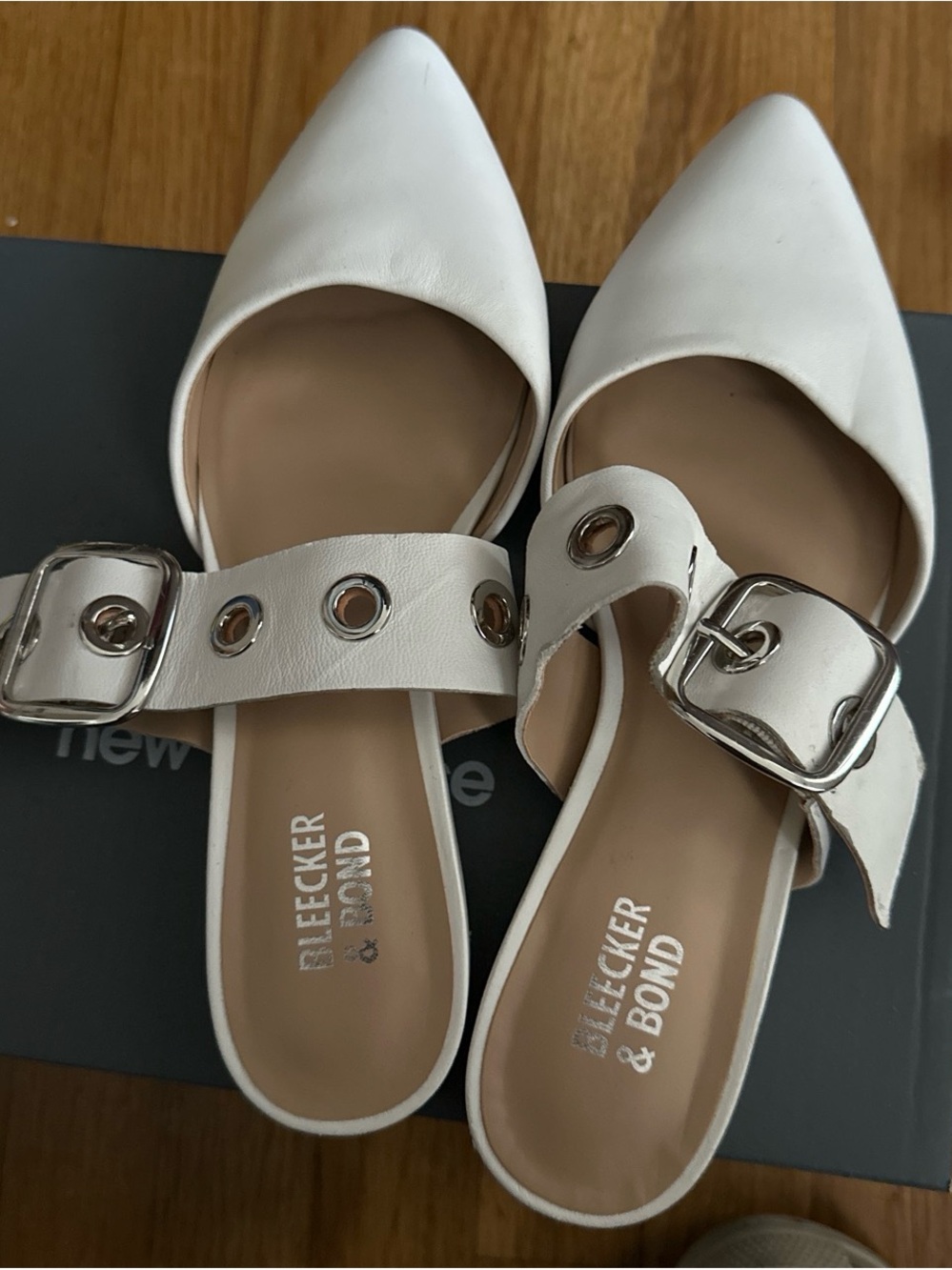 Bleecker & Bond White Pointed-Toe Buckle Mules